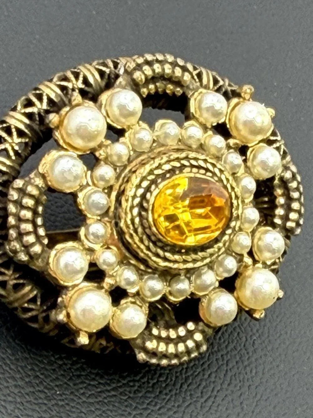 Vintage Victorian Revival Brooch Amber Glass Faux Pearl Filigree Pin